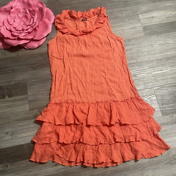 Grizas Dresses & Skirts - GRIZAS Sz L Orange 100% Linen Sleeveless Tiered Ruffle Summer Tank Dress